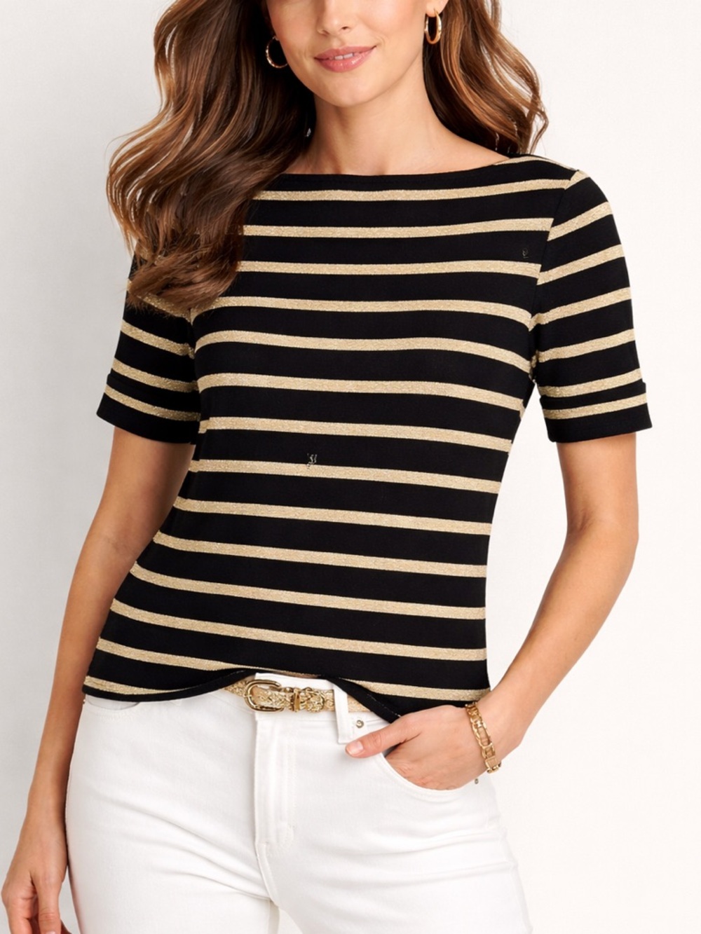 Lauren Ralph Lauren Petite Black Gold Metallic Stripes Short Sleeves Size PS